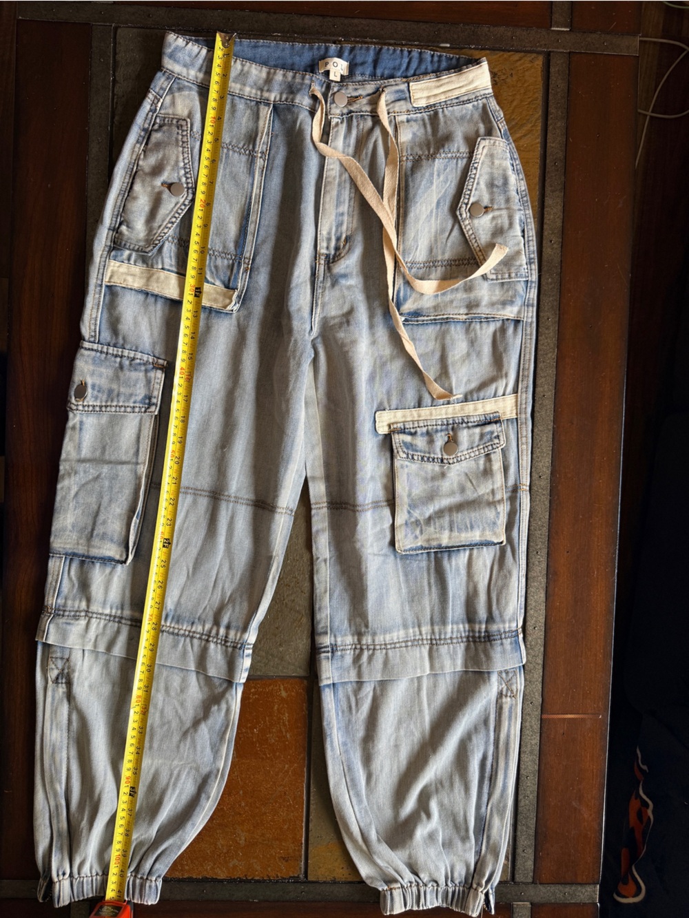 lol large pockets lace ligh washed denim oversized cinched ankle elastic waist